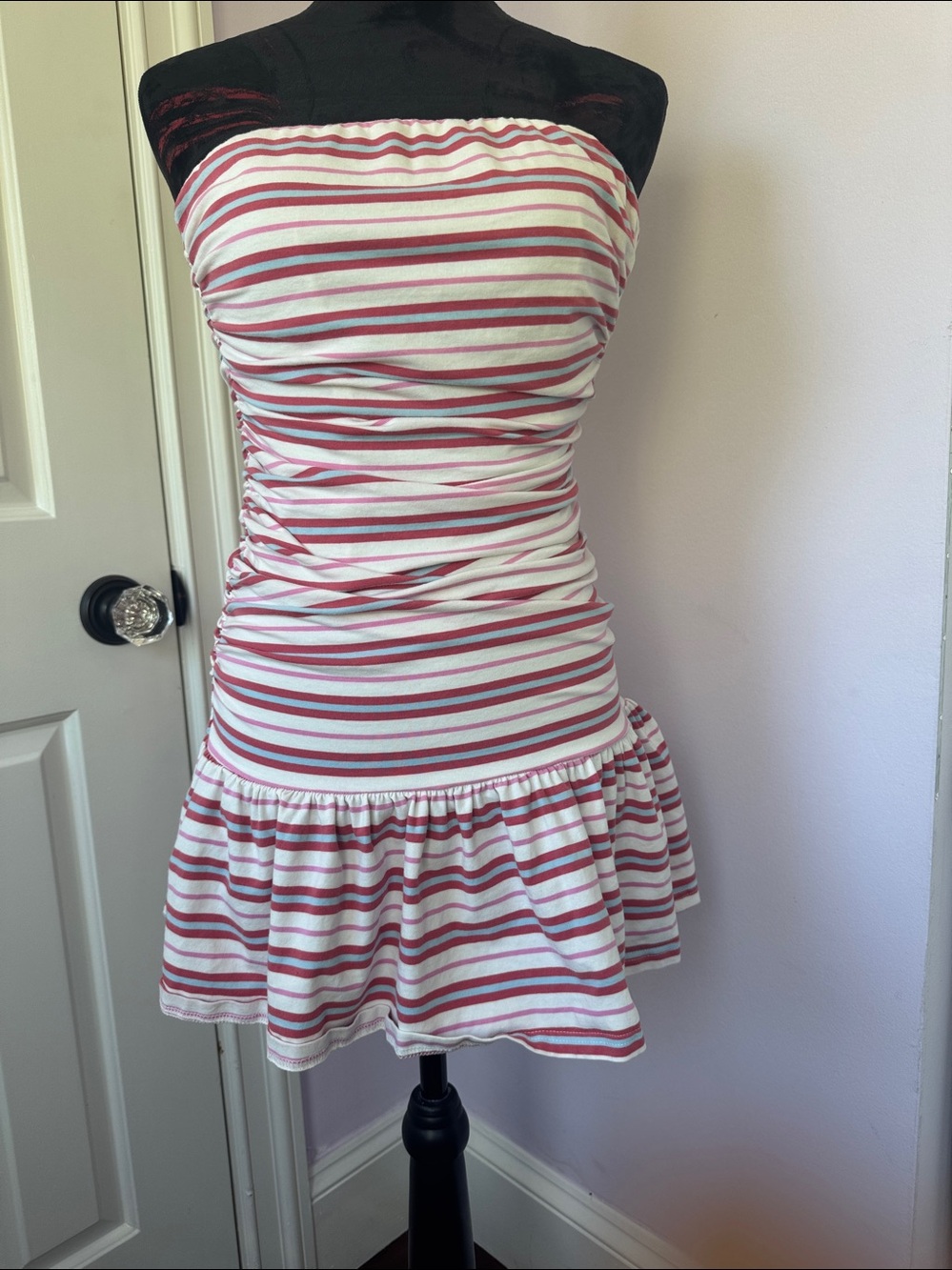 Princess Polly Strapless Ruched Mini Dress in Pink and White Stripe